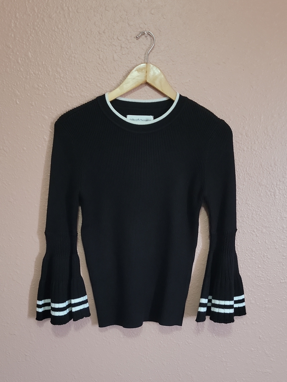 La Nouvelle Renaissance Knit Black Sweater Bell-Sleeve Knit White Stripe Classic